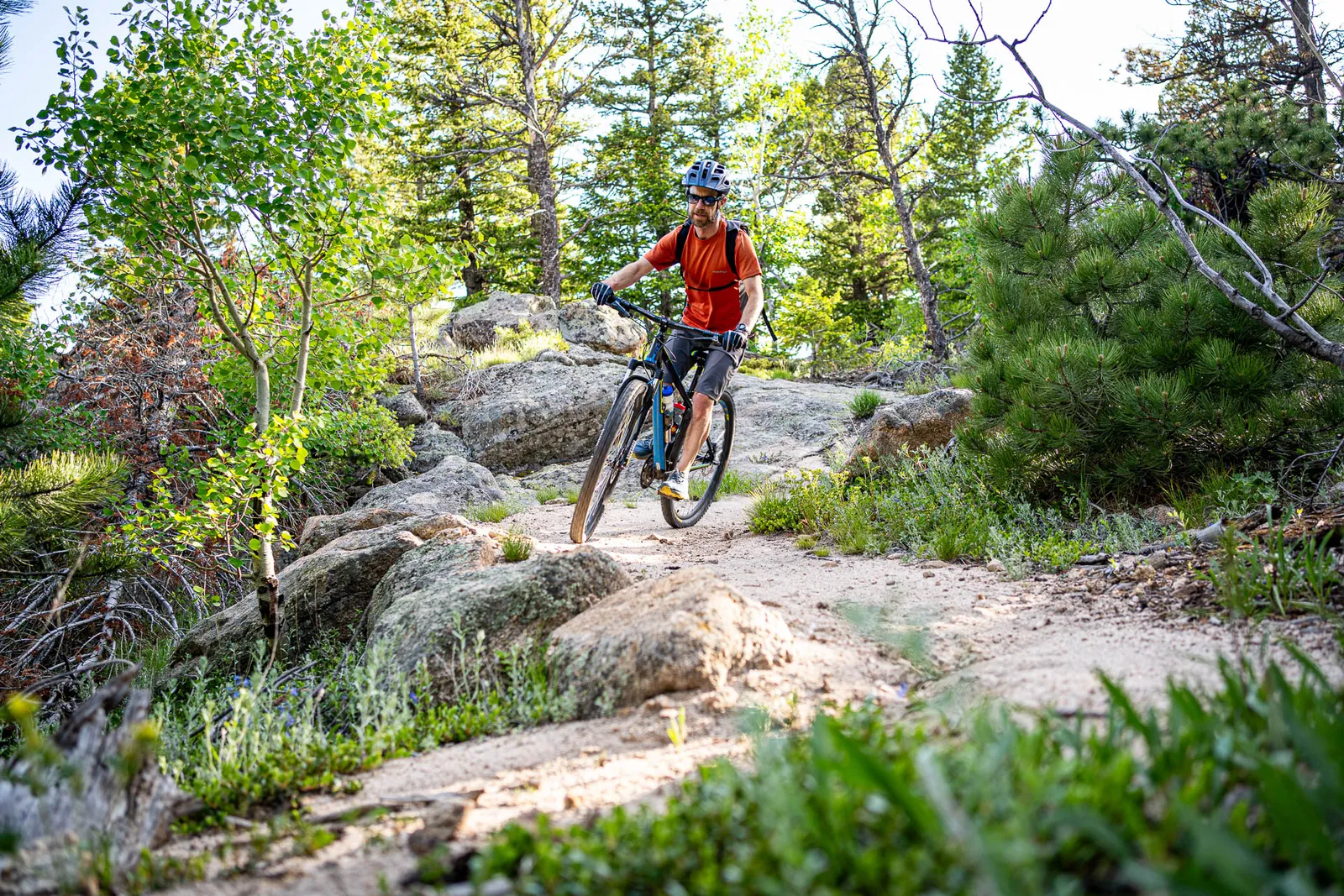 A rider on a rocky forest trail in Estes Park